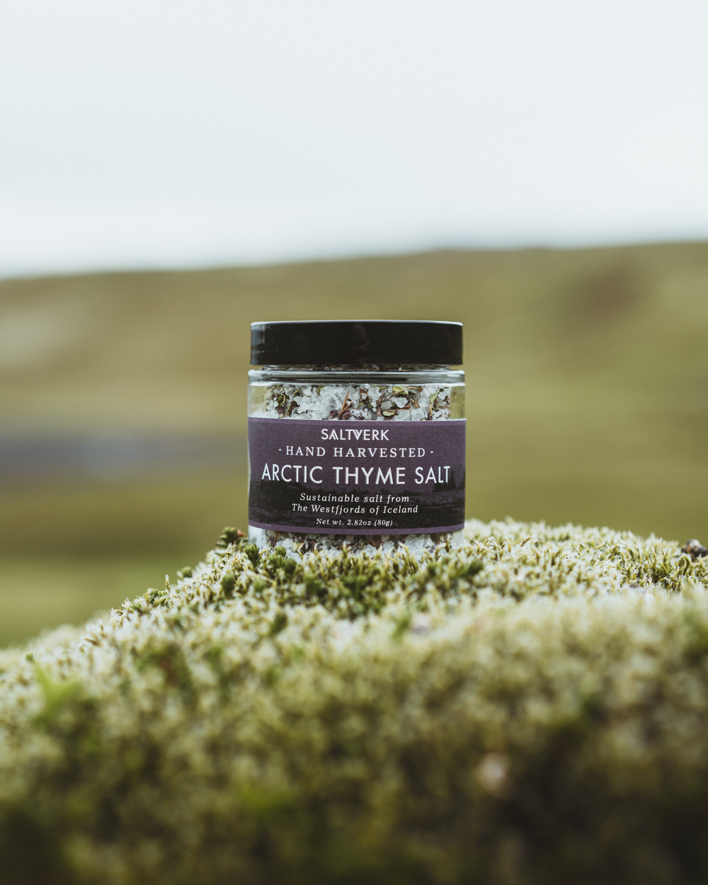 Jar of Saltverk Arctic Thyme Salt on Icelandic moss