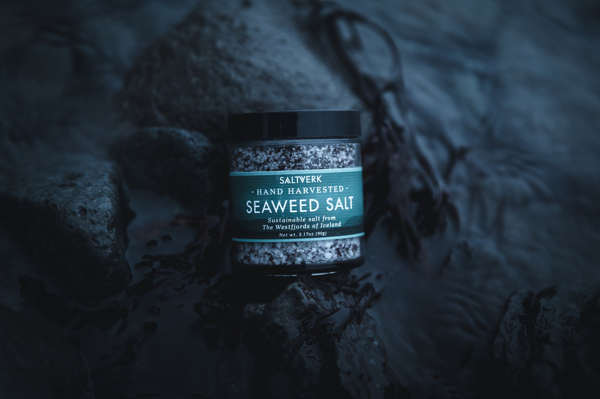 Jar of Seaweed Salt on a rocky surface